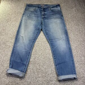 SMN The Finn Tapered Slim Jeans Mens 36x32 Blue Light Wash Selvage Denim Stretch